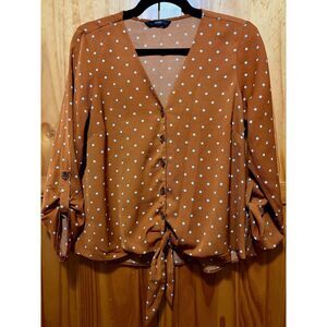 George Burnt Orange Polka Dot Tie-Front Blouse – Size 8